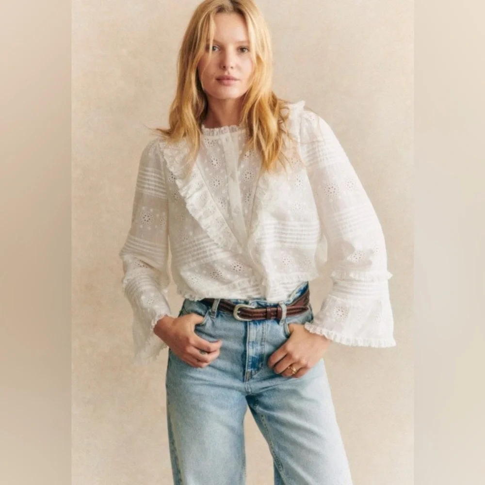 Sezane White Eyelet Ruffle Wrap Blouse - Picture 1 of 8